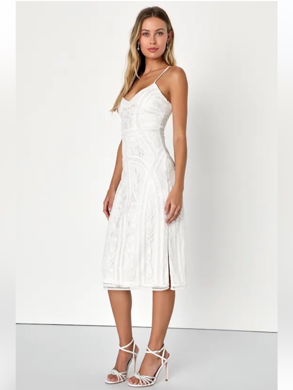Lulus Alluring Interest White Sequin Embroidered Sleeveless Midi Dress - Picture 2 of 8